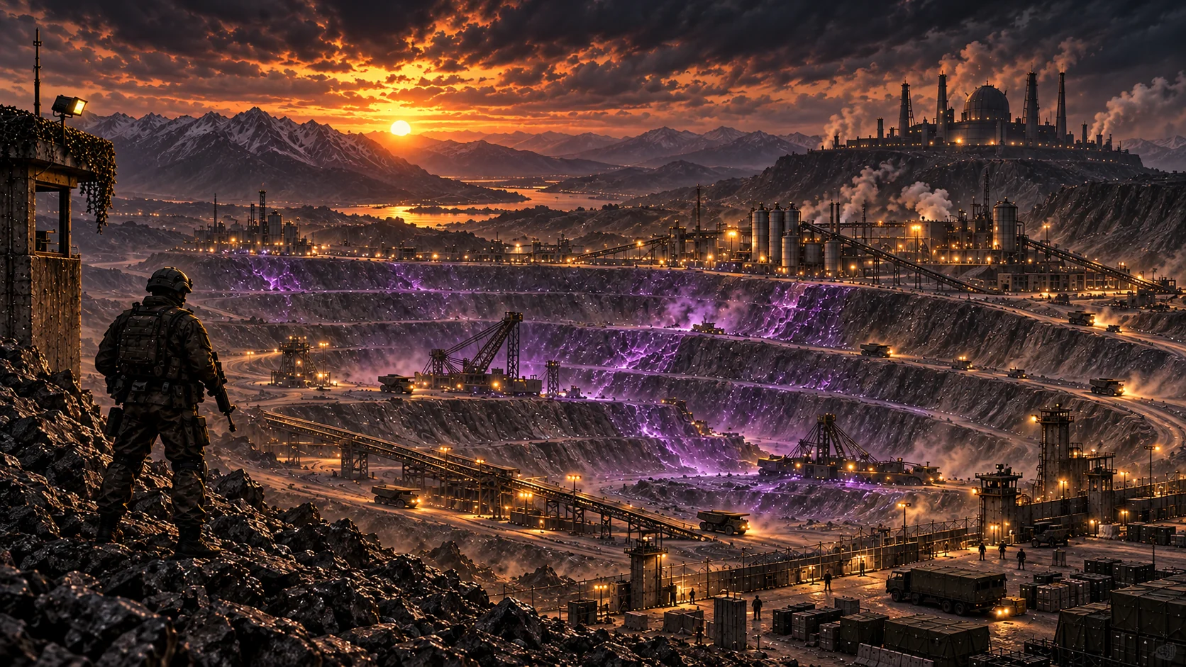 A soldier overlooks Vardena's violet uranium mine at sunset